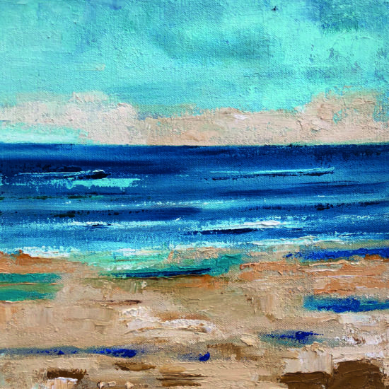 Abstract oil painting by Ann Palmer titled Sky, Sea and Beach, unframed view