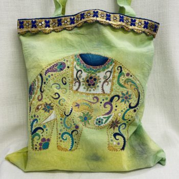 Green Elephant-themed cotton tote bag by Pat Matthews